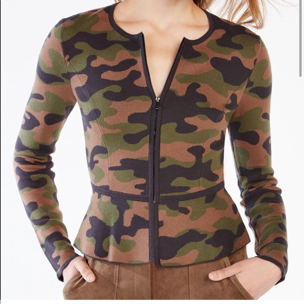 BCBGMaxAzaria Atticus Camo Peplum Sweater Size S
